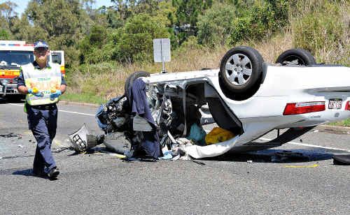 This fatal Bruce Highway crash resulted in three occupants of this Hyundai Sonata being taken to hospital. This fatal Bruce Highway crash resulted in three occupants of this Hyundai Sonata being taken to hospital.
